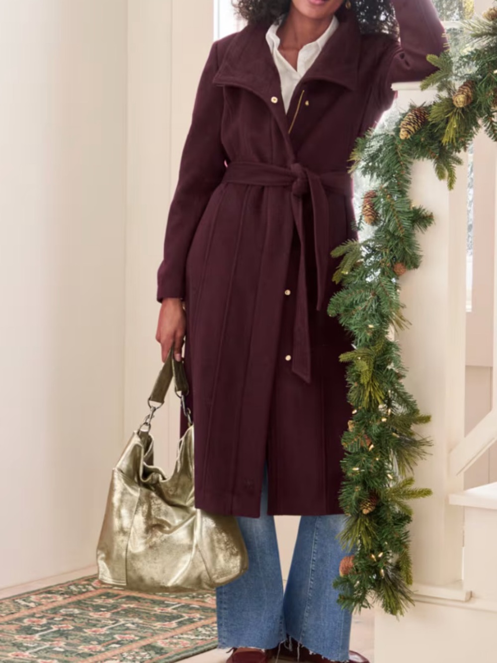 Cole Haan Sz 12 Tie-Waist Wool Trench Coat Dusty Rose pink purple Classic Boho. - Picture 11 of 12
